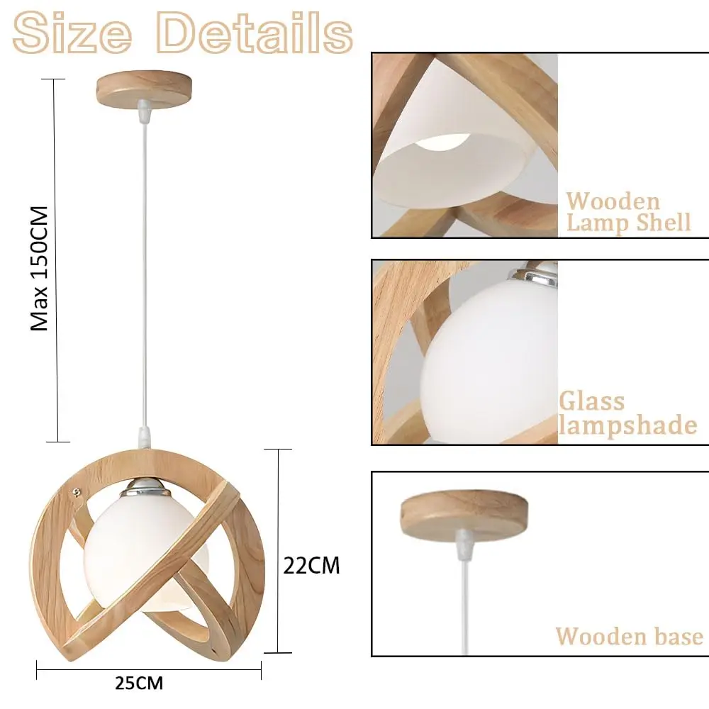 Wooden Ceiling Pendant Lamp Dining Light, Glass Pendant Light Kitchen Island, Round Hanging Lamp Living Room Home Decor Hallway