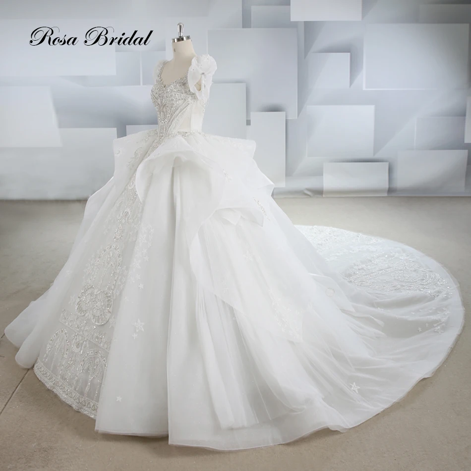 High Quality Real Photos Lace Beaded Short Sleeve Wedding Dress