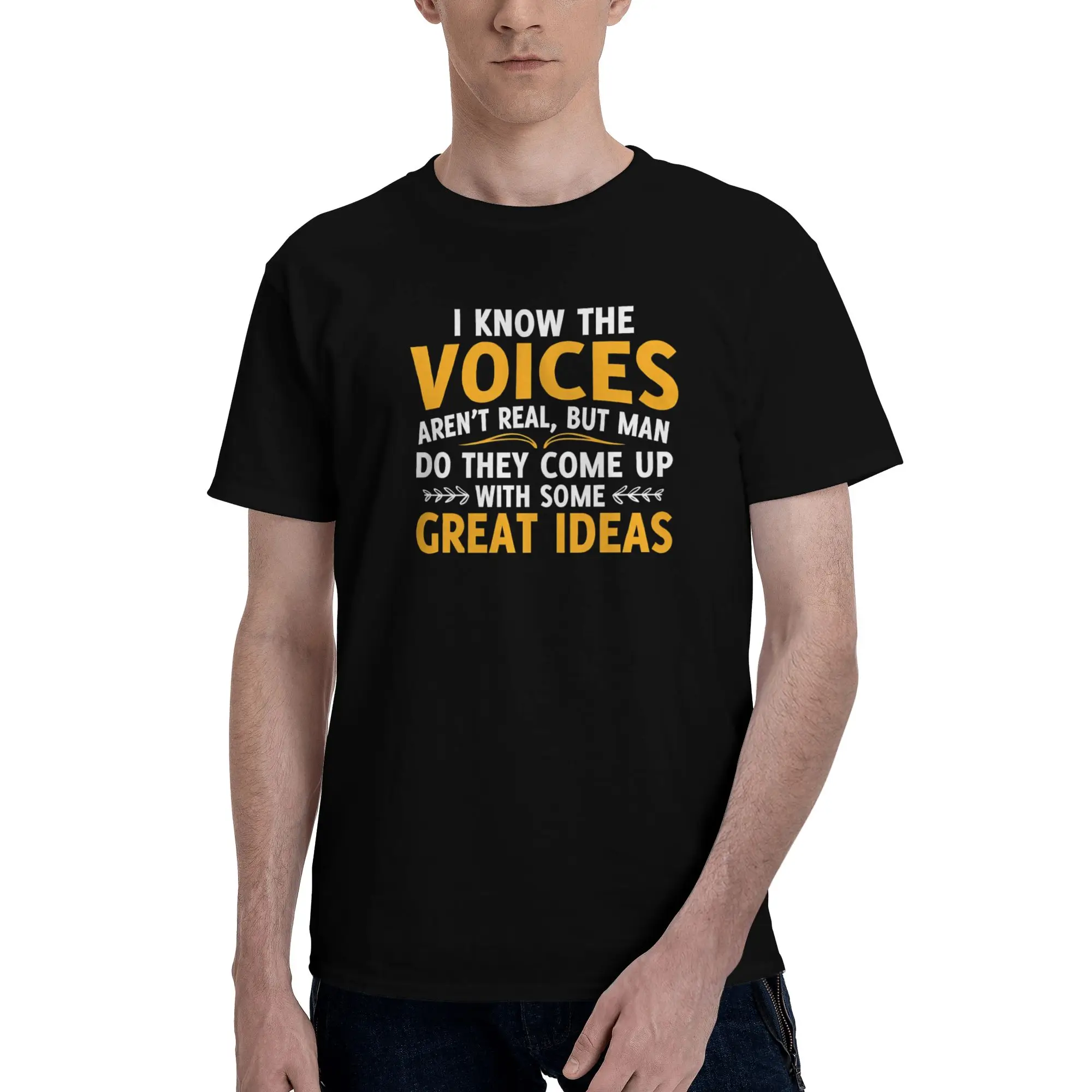 1 Piece Orange Novelty Graphic 100% Cotton T-Shirt I Know The Voices Aren't Real Tops Tees For Men