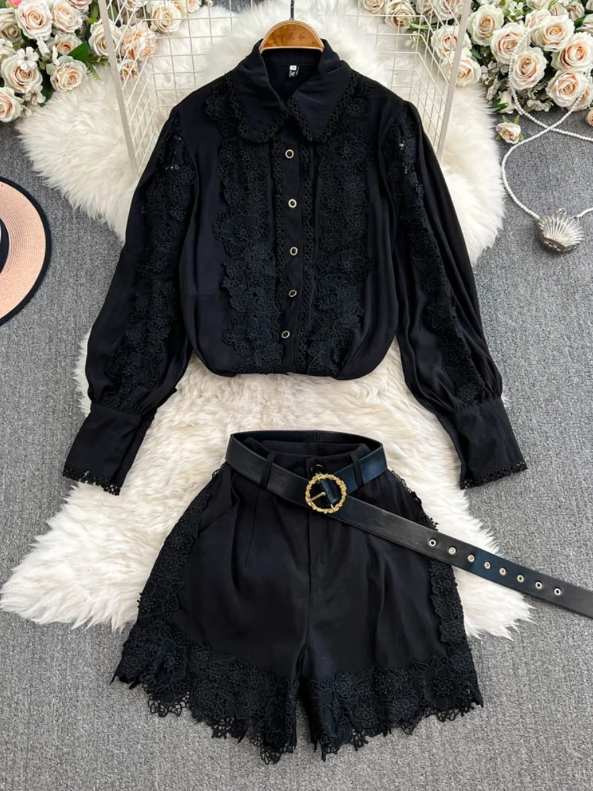 

New 2025 Early Autumn European Sle Women's Long Sve Lace Patchwork Anti-Aging irt plus High Waist Slimming orts Set