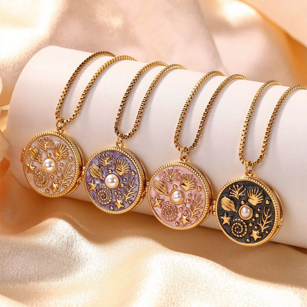 

Personalized Open and Close Necklace for Women Colorful Oil Drip Shell Pearl Star Round Pendant DIY Photo Jewelry Memorial Gift