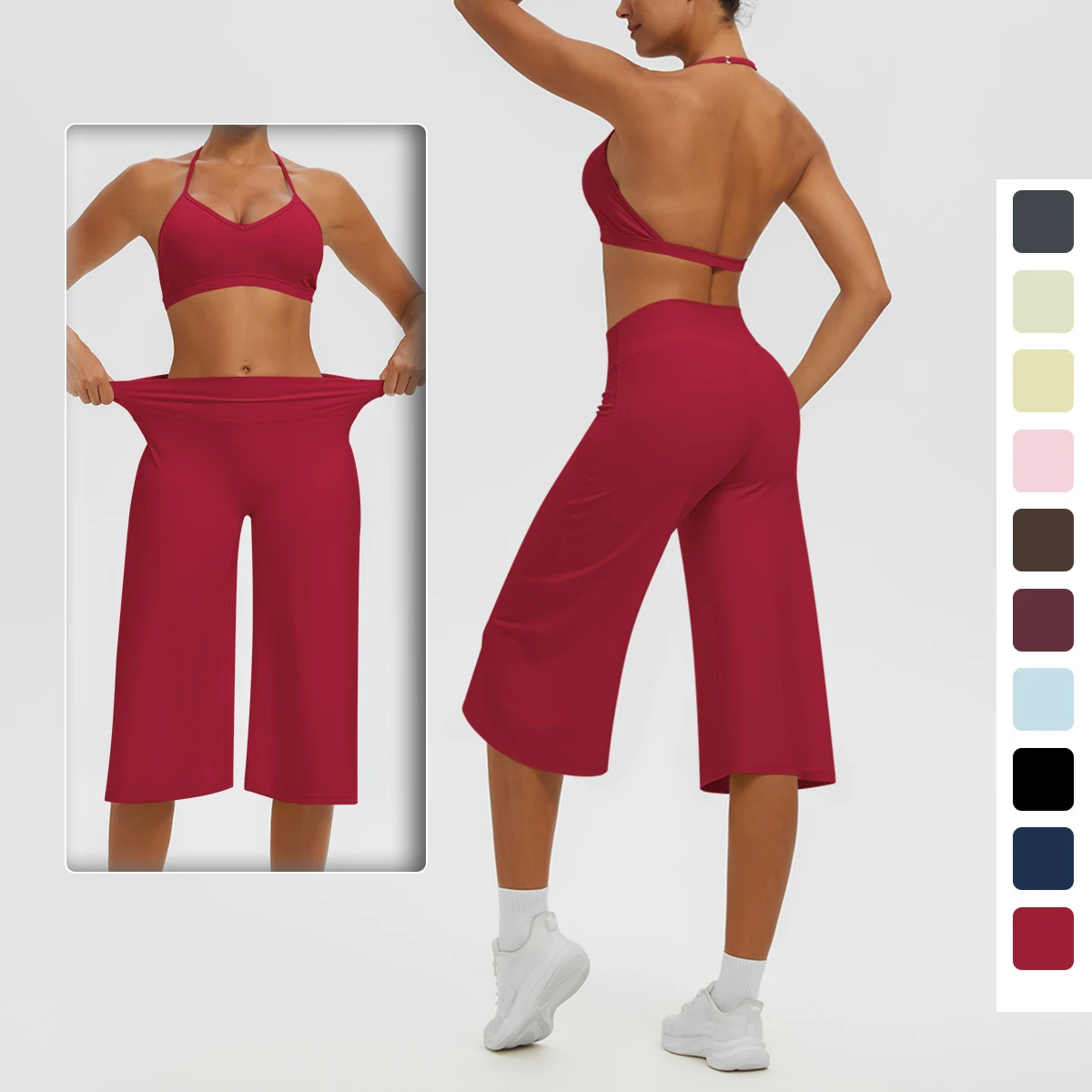 2PCS/set Woman Yoga Gym Clothing Solid Color Backless Yoga Bra Fitness Sports Loose Capri Pants Yoga Suit Customizable Logo