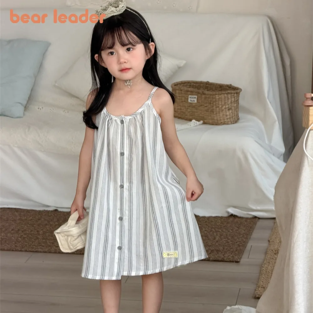 

Летние платья Bear Leader 2026 для девочек, новая корейская коллекция, с вертикальными полосками, модные платья на бретельках, милая детская одежда