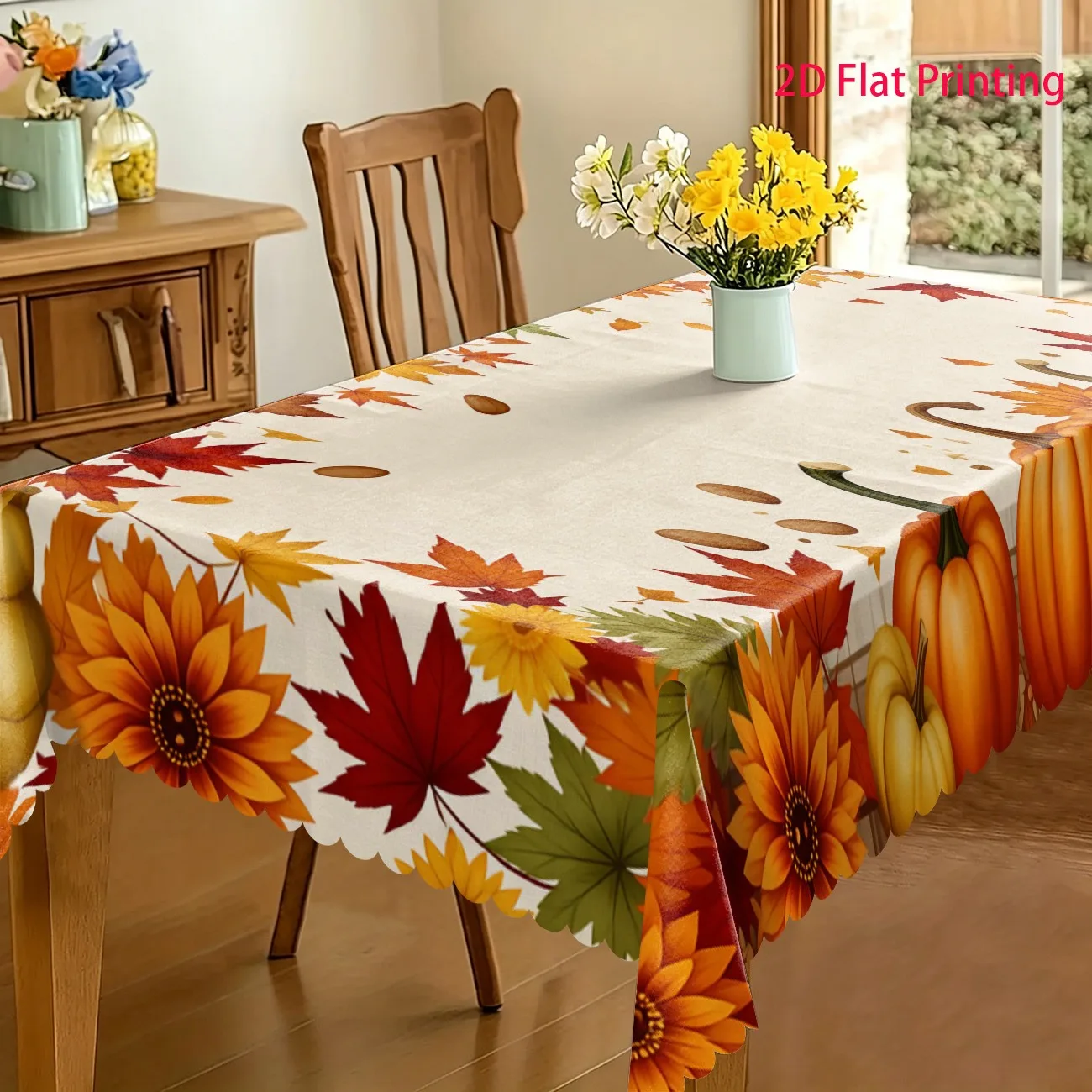 Autumn harvest pumpkin, sunflower and maple leaf decorative tablecloth. The base features a pumpkin.