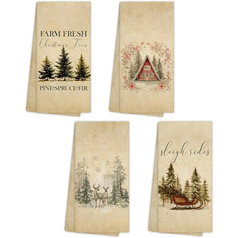 4-Pack Country Farm Style Christmas Pine Cabin Sleigh Decoration Kitchen Towels,