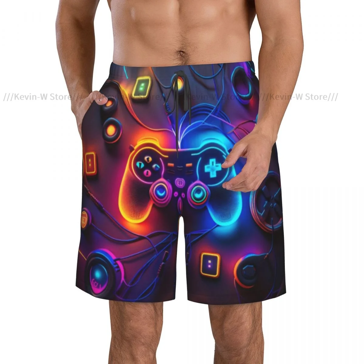 Summer Men Swimwear Breathable Quick Dry Trunks Abstract Gamepad With Headphones Beach Shorts for Running Training Surfing