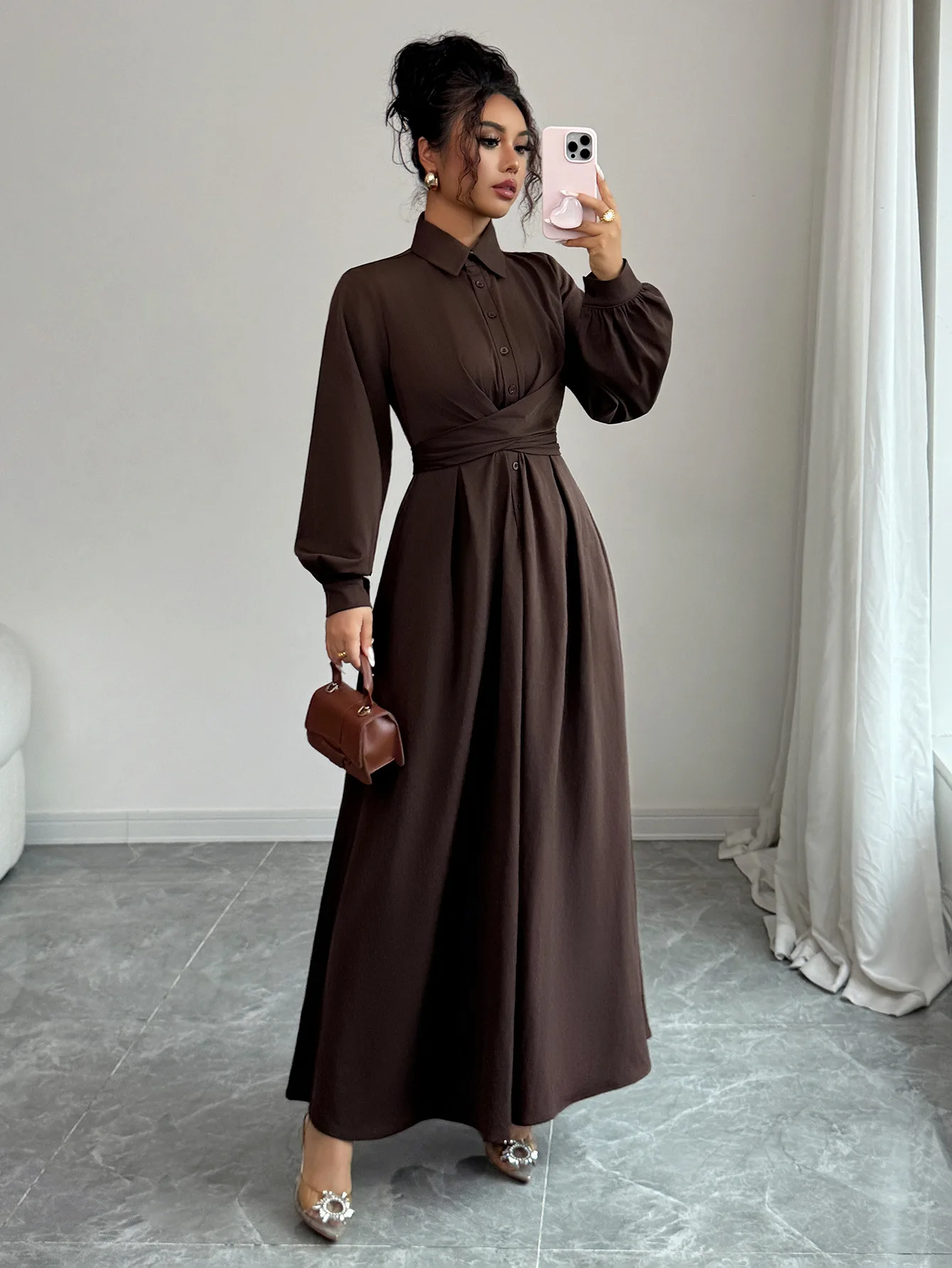

2025 Autumn Winter New Women's Elegant High Waist Maxi Dress - Brown Button Up Shirt Collar Long Sleeve Dress