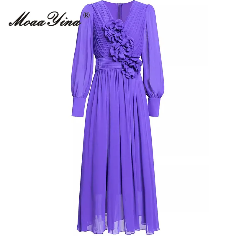 

MoaaYina Elegant Evening Solid Color Women's Dress Lantern Sleeved Chic Appliques Design High Waiste Pleated Dresses