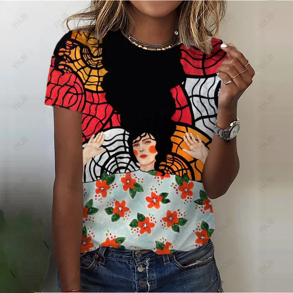 Women's Abstract T-Shirt Summer New Portrait Crew Neck Basic Shirt colorful 3D Printing Women's Fashion T-Shirt Y2k Tops