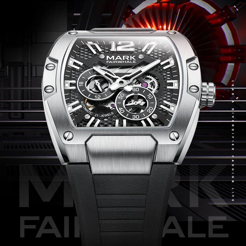 Tonneau Watches for Man Automatic Mechanical High Quality Waterproof Silicone Strap relogio masculino