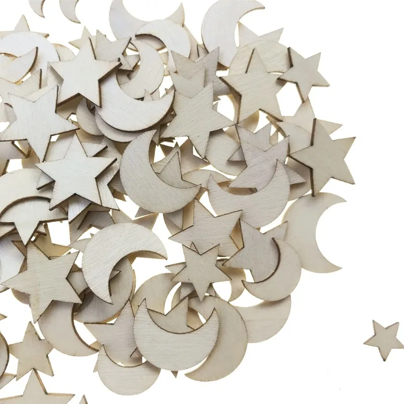 100pcs 10mm/15mm/20mm Mixed Wooden Cutouts Blank Star Moon Shape Wood Slices for Christmas Wedding Valentine Home Decor