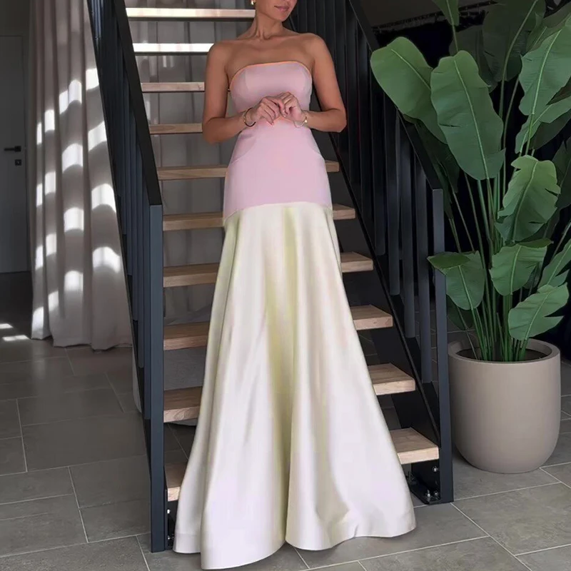 Patchwork Slim Evening Dress Women Chic 2024 Thin Satin Big Hem Party Luxury 2024 Backless Sleeveless Party Gowns Elegant Dress