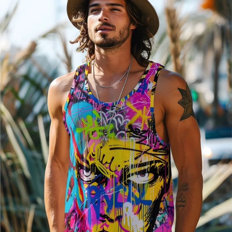 Trendy Face Graffiti Print Men's Summer Sleeveless Tank Top Smooth Loose Sport Sleeveless Tee Basic Beach Vacation Vest