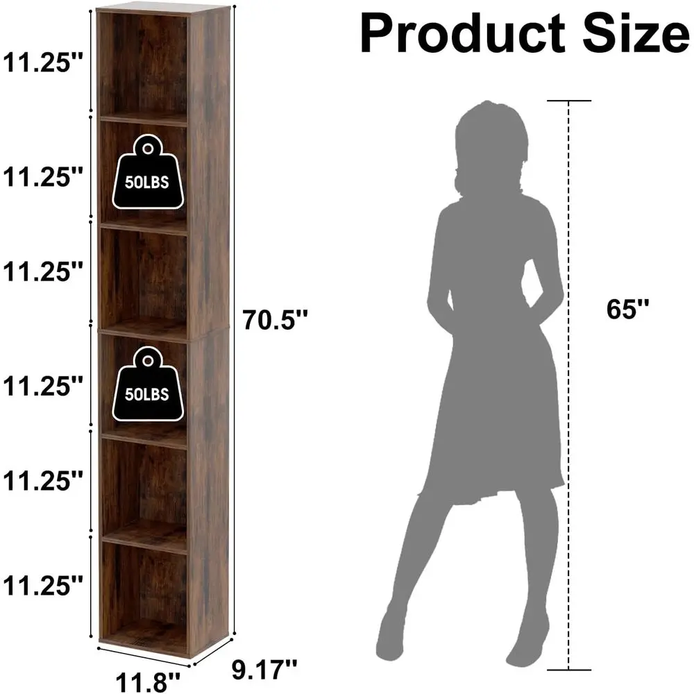 رف كتب ضيق طويل القامة مكون من 6 طبقات، رف زاوية رفيع ونحيف مقاس 70.5 بوصة، خزانة تخزين رفيعة، برج منظم مكعب للوسائط DVD الخشبي