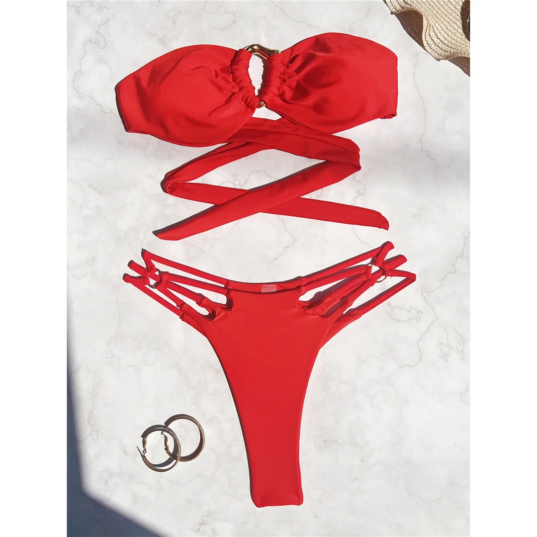 Bandeau-Bikini mit Metallringen, Damen-Badebekleidung, zweiteiliger Bikini-Set, geraffter, hoch geschnittener Badeanzug, Badeanzug, Modell V5952. – Detail 10
