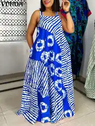 VONDA 2024 Summer Bohemian Printed Maxi Dress Sexy Sleeveless Party Beach Sundress Long Vestidos Casual Loose Robe Oversized