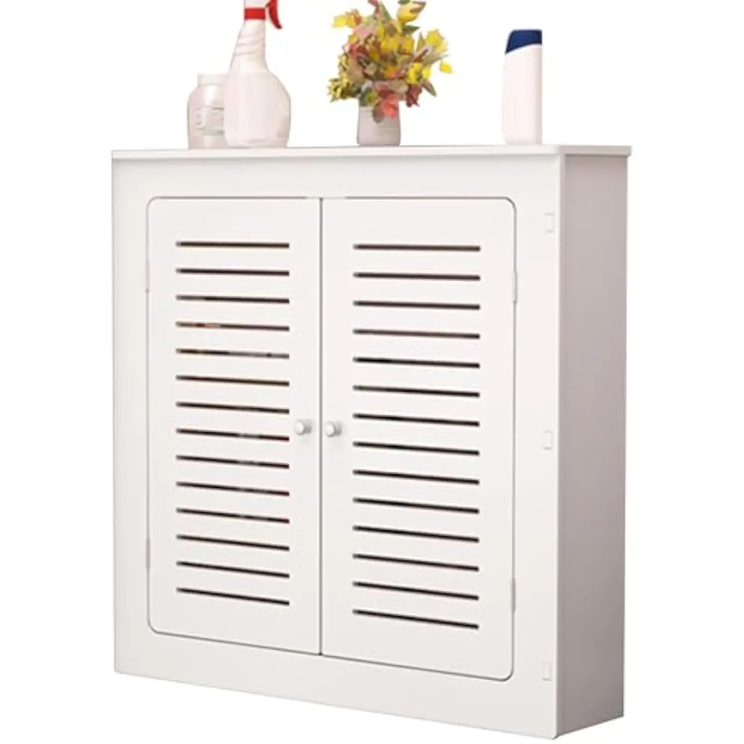 

White Modern Radiator Cover Heating Storage Shelf Organizer, Bathroom Floor Cabinet with 2 Doors and Modern Vertical Grill Slat