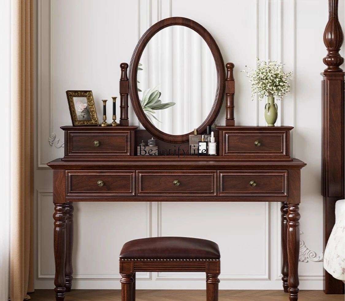 

American-style Solid Wood Vanity Table Vintage Makeup Desk with Mirror for Home Use Simple Design