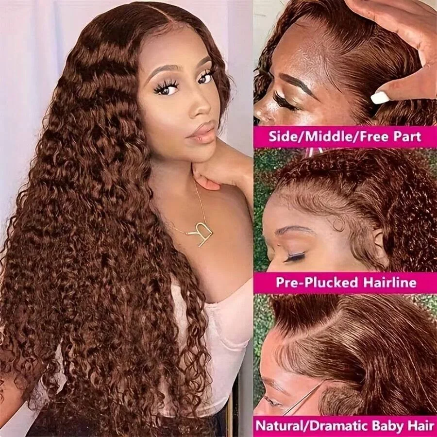 34 Inch 13x4 HD Chocolate Brown Deep Wave Lace Frontal Wigs Human Hair Burmese Colored 13x4 Water Curly Human Hair Wigs For Women 200 Density Preplucked image 4