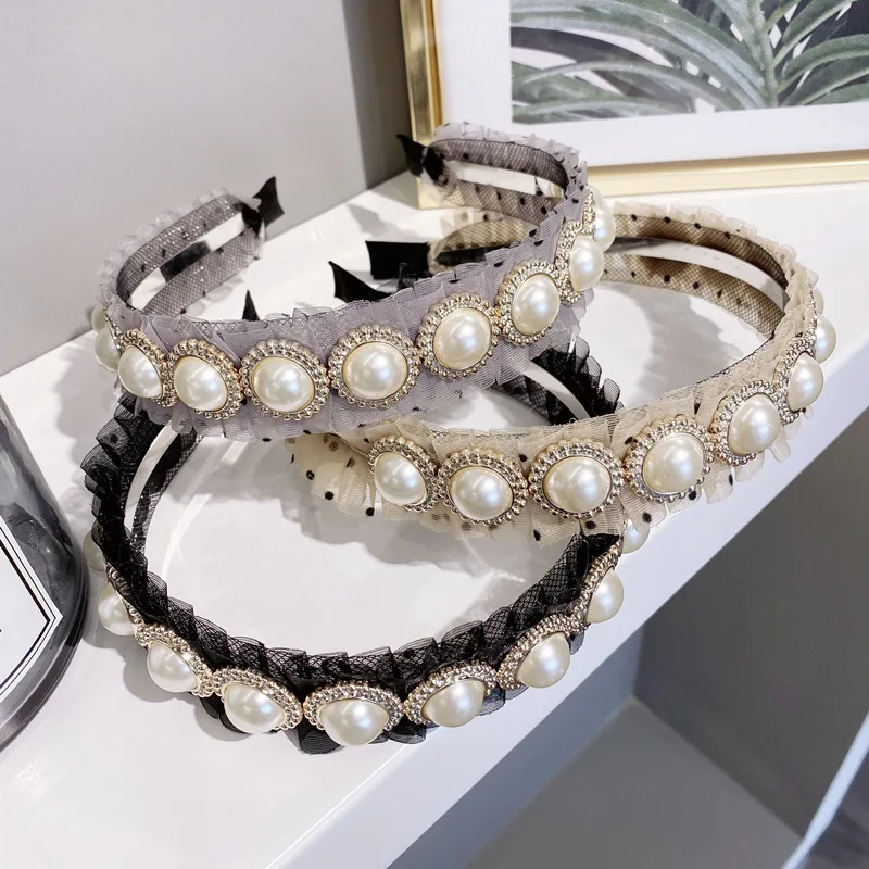 

Dots Print Mesh Folding Hairband Pearls Women Korean Style Hair Accessories Pearls Headband for Adults Headwear Head Band
