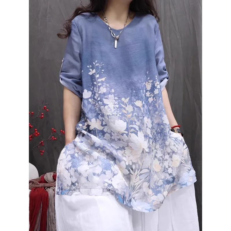 

Новый летний женский легкий миди-ильс в стиле ретро из хлопка и льна с принтом Svel Ele Aosphere, круглый дизайн Ne