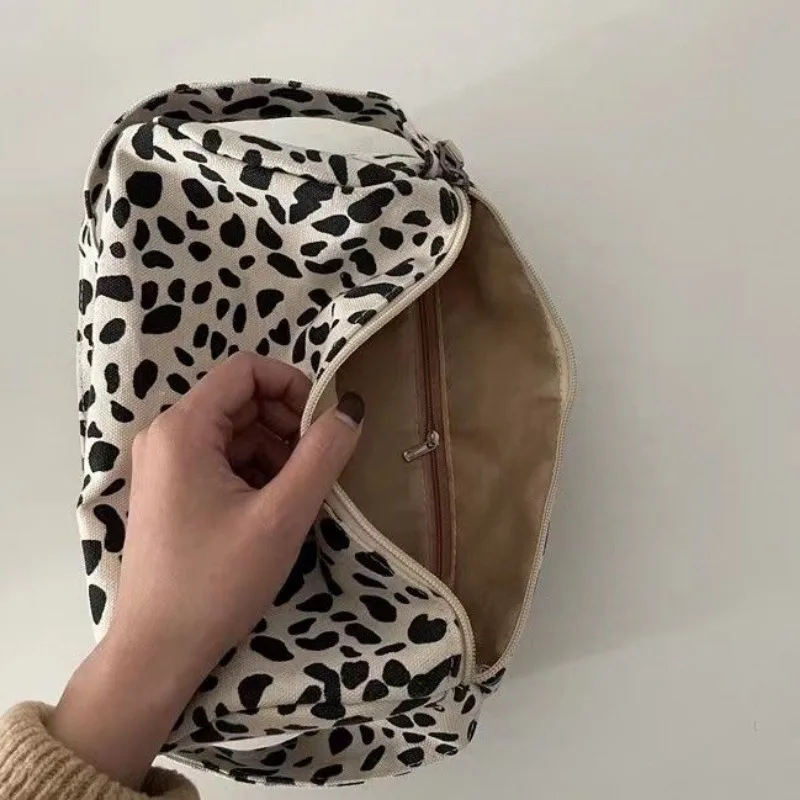 Harajuku Leopard Shoulder Bags Women Student Retro All-match Zipper Soft Canvas Handbags Large Capacity Lazy Ins Underarm Bag