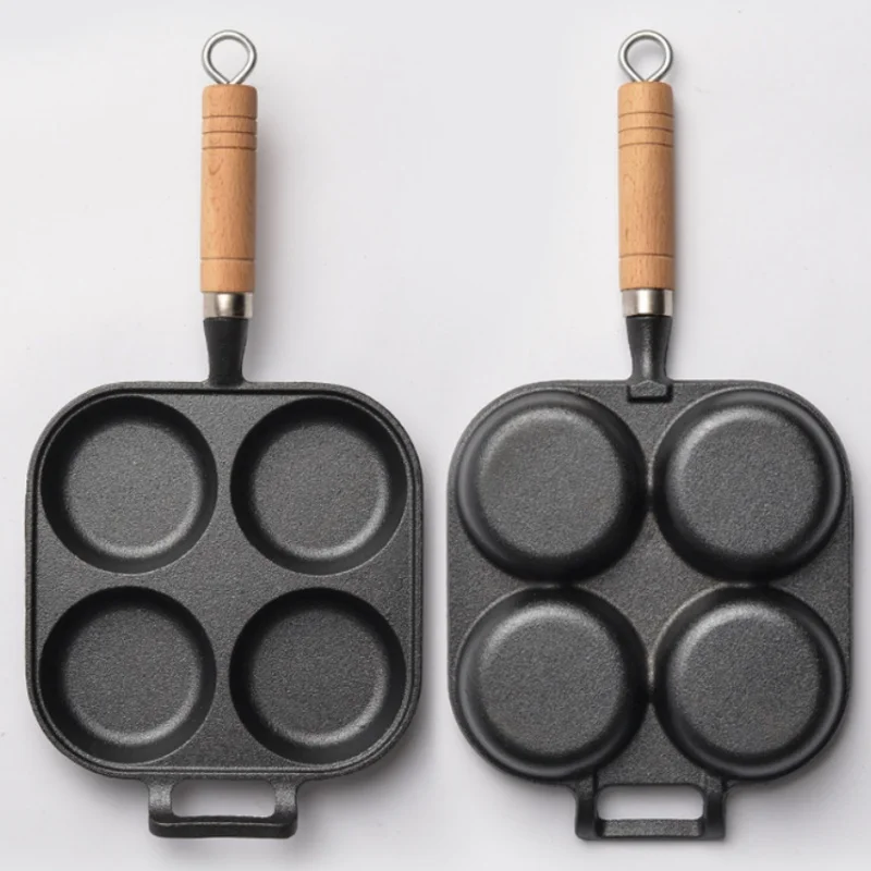 JUSTINLAU 2/4-Hole Cast Iron Omelette Pot Household Non-stick Flats-bottomed Egg Dumpling Pot Breakfast Egg Burger Frying Pan