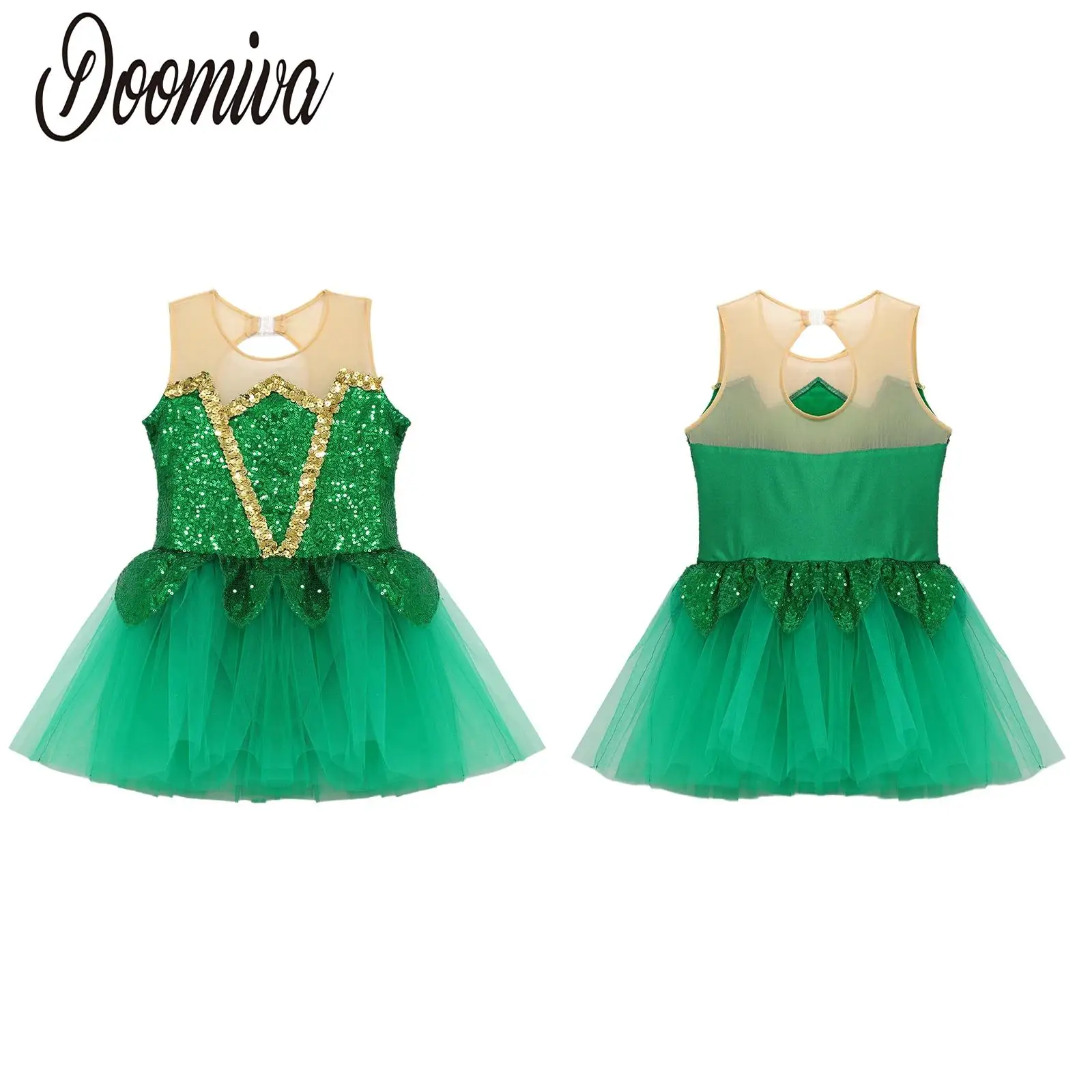 

Kids Girls Sequins Bodysuits Ballet Dance Dresses Green Halloween Elf Mesh Tutu Leotard Figure Skating Dance Performance Costume