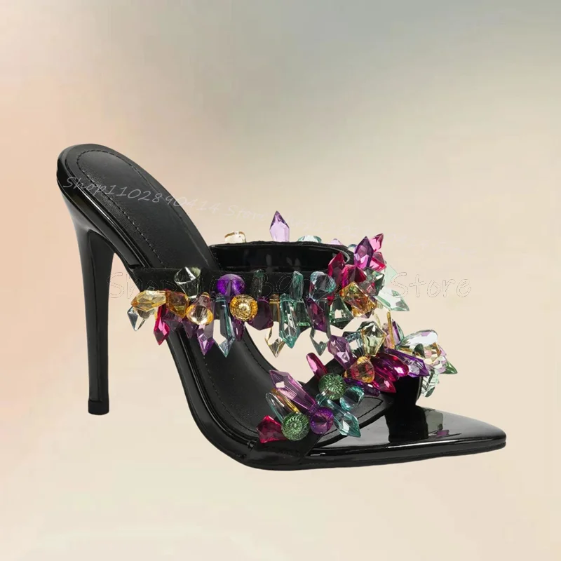 Colorful Crystal Decor Open Toe Slippers Slip On Women Shoes Thin High Heels Sexy Fashion Party Banquet 2024 Zapatos Para Mujere