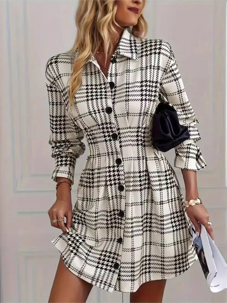 

Streetwear Fashion Checkered Print DressesCasual Lapel Single-breasted Cardigan Dresses Spring Autumn Lady Long Sleeves Vestidos