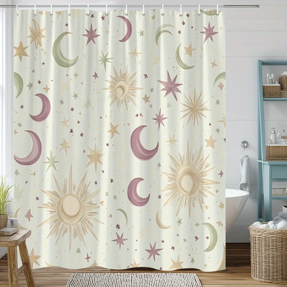 1pc Celestial Moon And Star Shower Curtains Vintage Sun Illustration Farmhouse Bathroom Decor Polyester Fabric Bath Divider Hang
