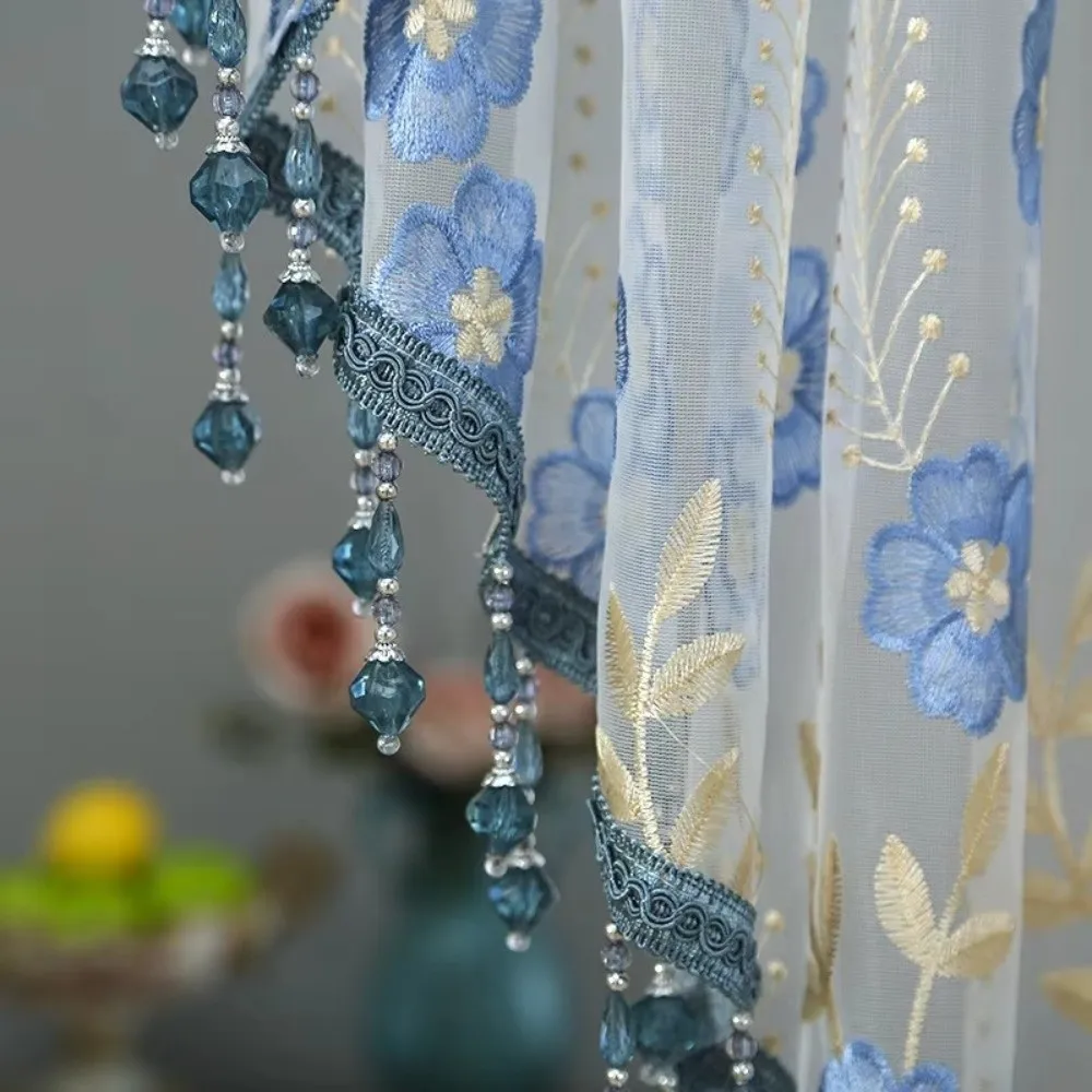 French Style Vintage Half Curtain Embroidery With Beaded Lace Triangle Curtains Romantic Bohemian Kitchen Partition Tulle