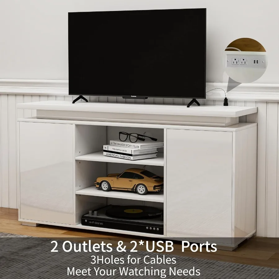 Suporte de TV brilhante, centro de entretenimento moderno com armazenamento, 2 portas para TVs de até 60 polegadas, mesa de console de mídia com luzes LED