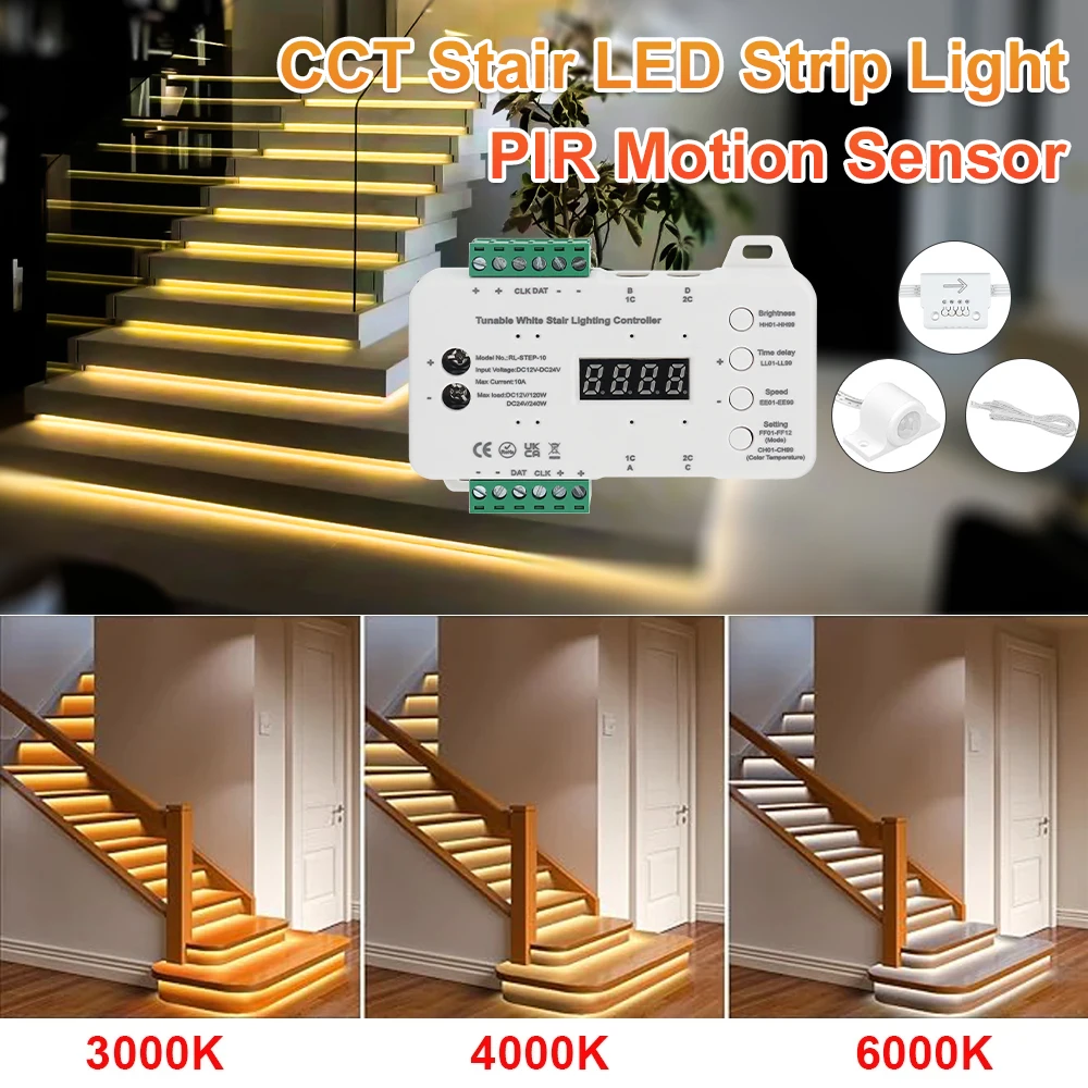 

CCT Stair Motion Sensor Light with PIR Motion Sensor Daylight Can dimmer 16 steps stair Indoor Night light for home stairs light