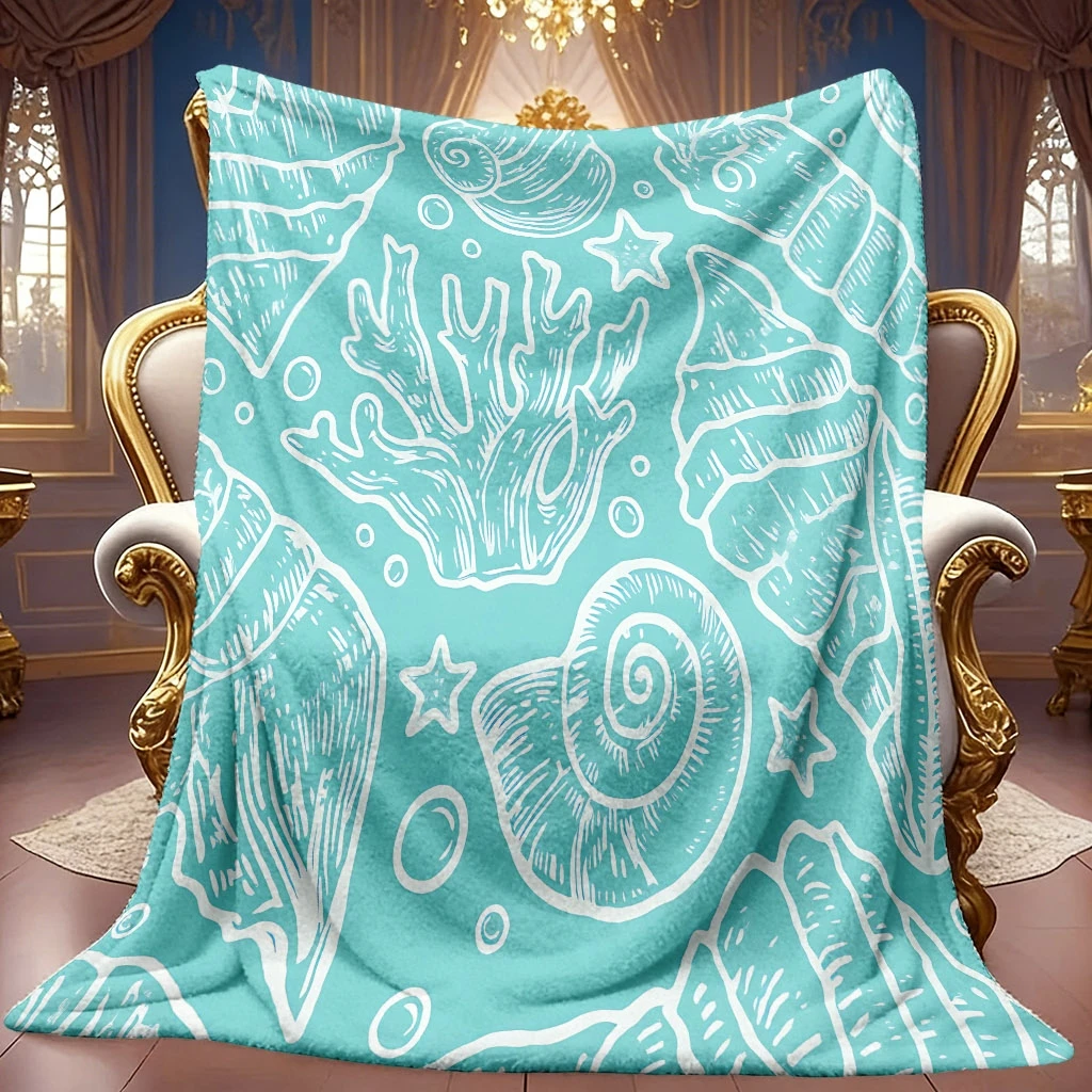 Vintage Sea Life Pattern Fleece Look Bed Throw Retro Looking Decor Blanket For Restaurant Boutique Dance Studio