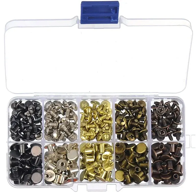 150 Sets Round Flat Head Screws Buttons Metal Screwback Studs Rivets for Leather Crafting 8MM (Mixed in Box)