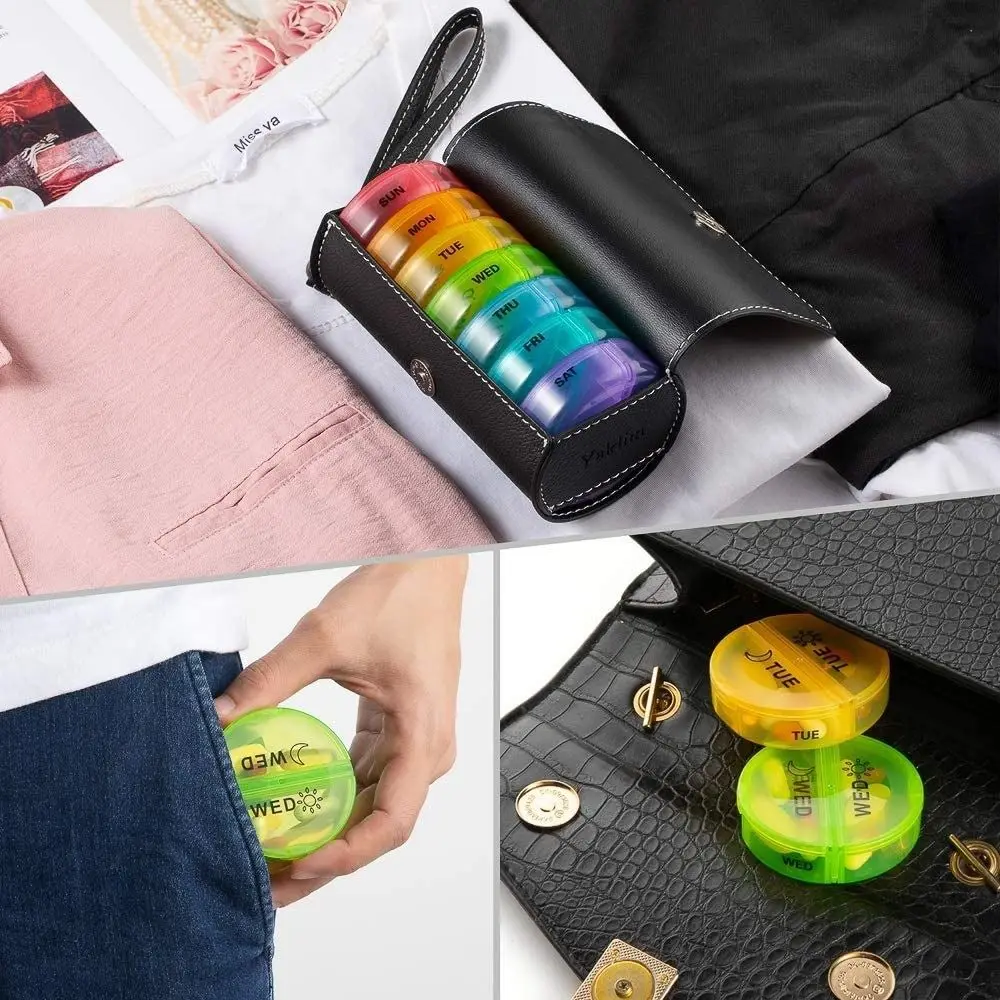 

PU Leather 7-Day Pill Organizer Drug Container AM/PM Compartments Rainbow Pill Box Dust-proof Portable 14-Grid Vitamin Storage