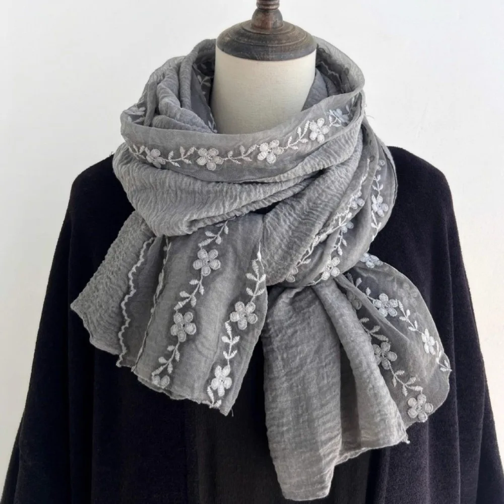 Versatile Cotton Linen Lace Patchwork Scarf Solid Color Thin Thin Gauze Scarf Long Breathable Shawl and Wrap for Women
