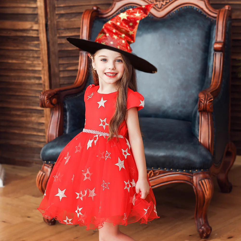 

2025 Halloween Children's Dress Star Pattern Mesh Witch Costume 3pcs Girls Witch Dress Hat Cosplay Performance Girls Dress
