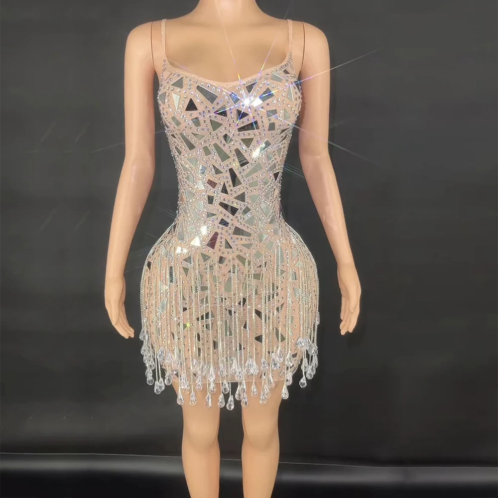 Maßge schneiderte neue Quasten Mesh Spitze transparent hochela tische Kurzarm Pailletten sexy enge Party kleid Bühne Performance-Kleid