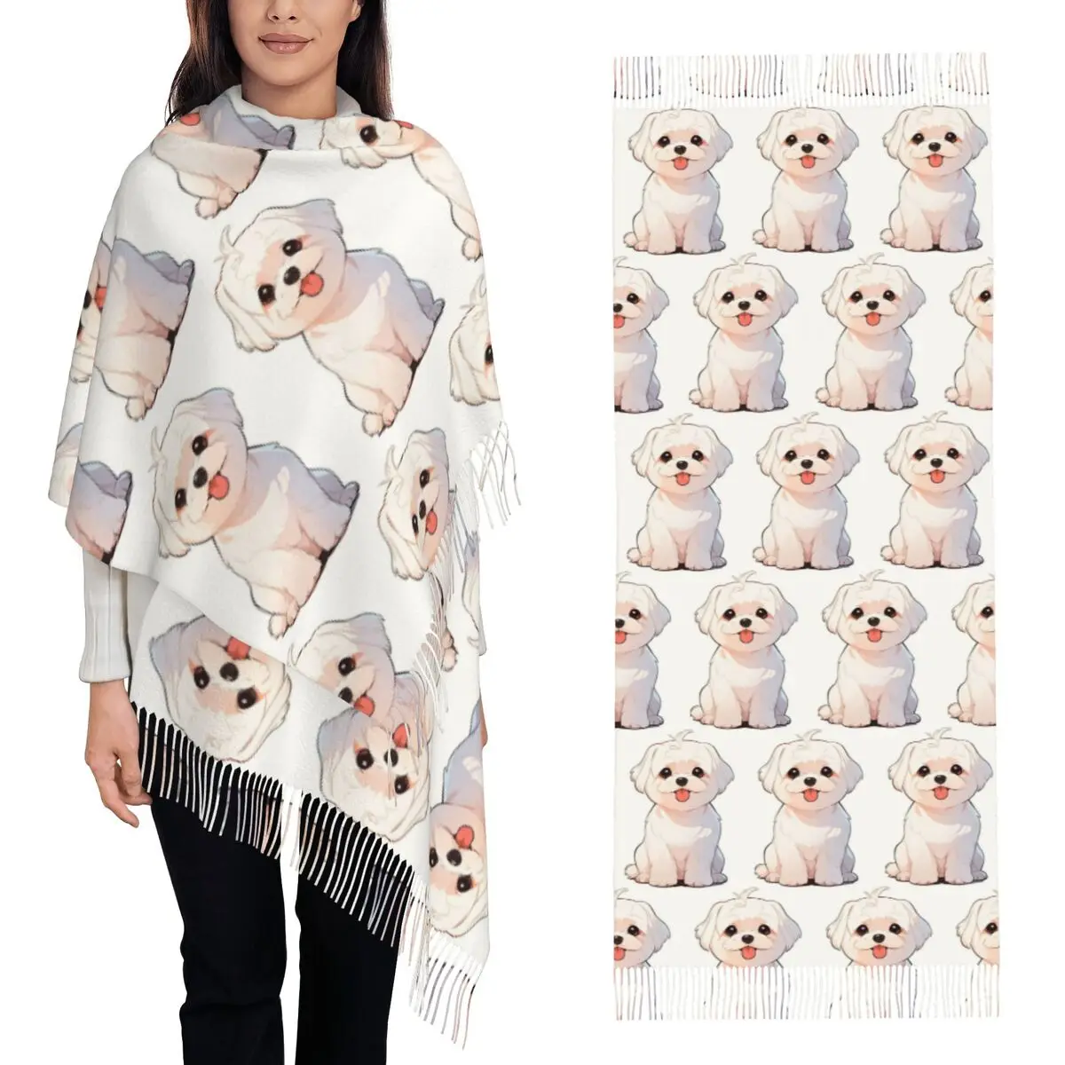 Cartoon Style Cute Maltese Dog Scarf Tassel Scarves Women Soft Warm Shawls and Wraps Long Fall Winter Shawl Wrap