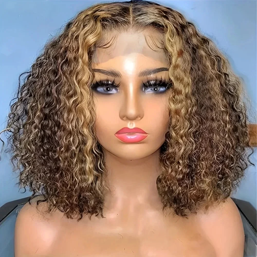 

Highlight Ombre Lace Front Wig Curly Human Hair 13x4 Short Bob Wig Honey Blonde Colored Deep Wave Frontal Wig For Black Women