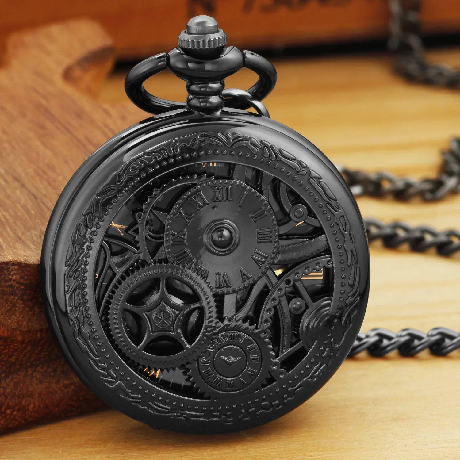 

Black Gear Wheel Hollow Roman Numerals Hunter Mechanical Hand Winding Mechanical Pocket Watch Pocket Chain Male