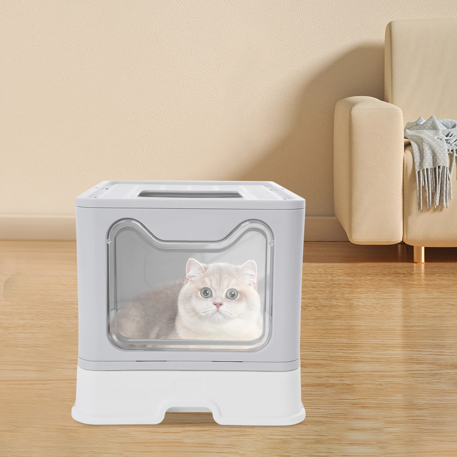 Folding Cat Litter Box with Scoop, Enclosed Covered Clear Door Cat Litter Box for Cats Weighing Less Than 22.05 Pounds