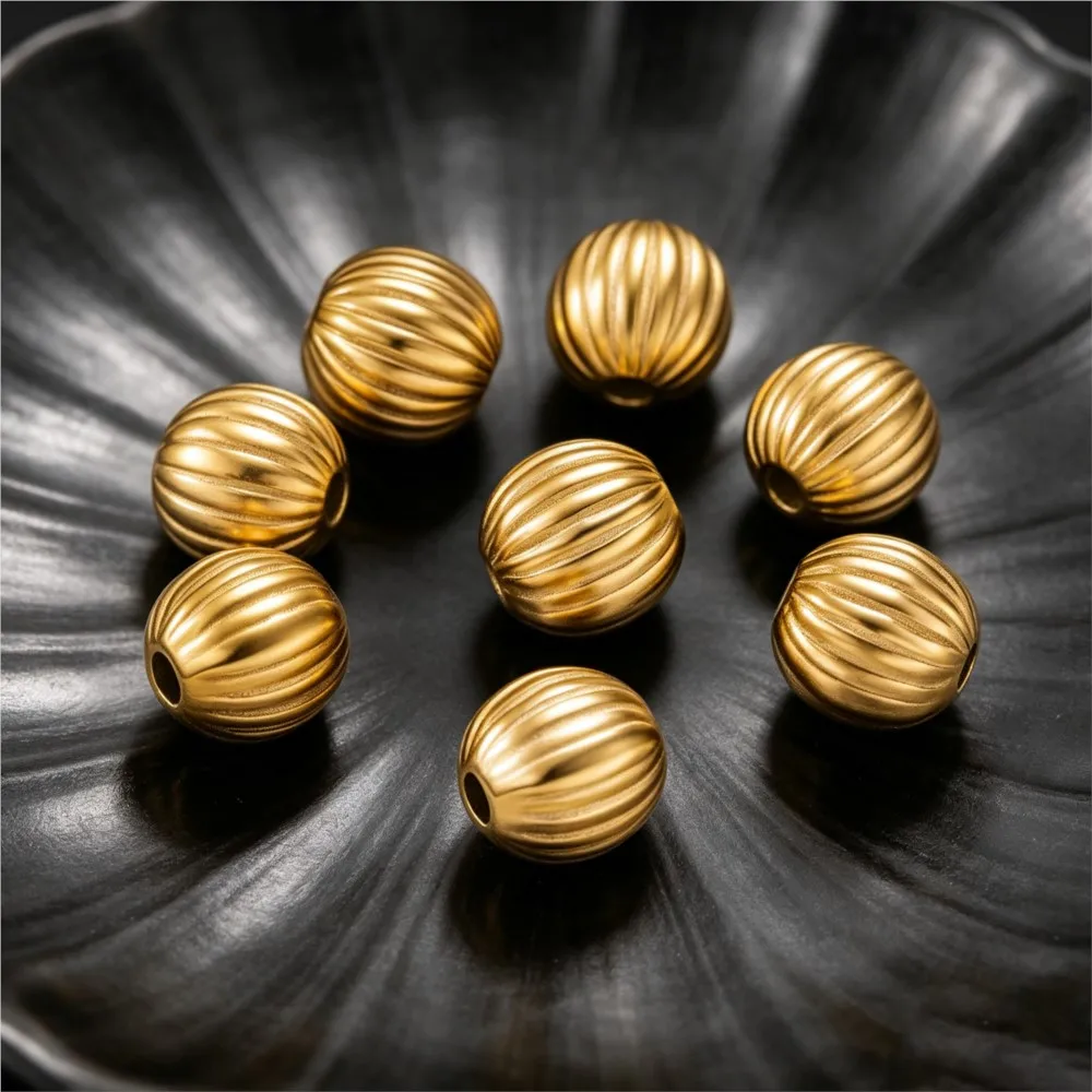 10PCS Stainless Steel Gold Ribbed Oval Round Shapes Loose Beads for DIY Bracelets Necklaces Jewelry Making Supplies Wholesale