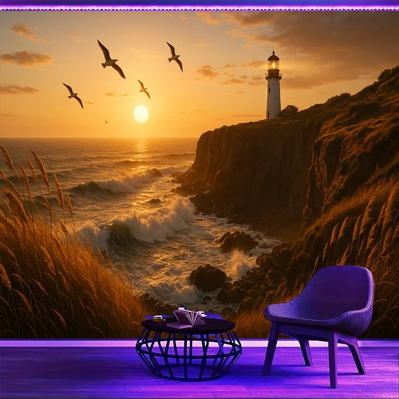 1PC Lighthouse Sunset Art Print Backdrop Banner, Bedroom Living Room Photo Background, Polyester, Home Decor, Wall Art