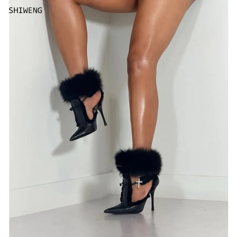 Black Fur Pumps Pointy Toe Stiletto High Heels Belt Buckle Faux Furry Short Booties Sexy Women Winter Single Shoes 44