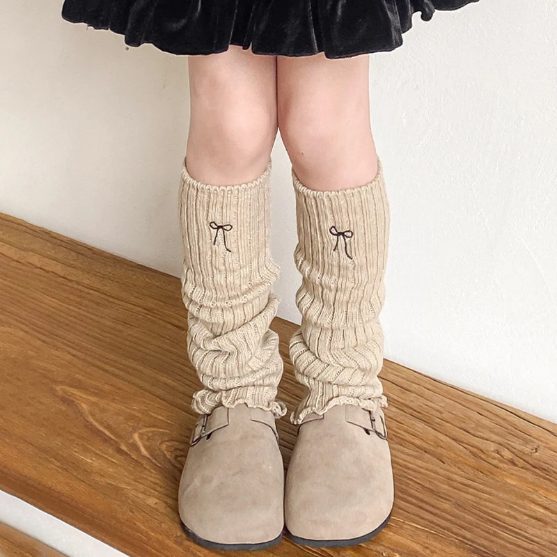 Autumn Winter Children Knitted Leg Covers Embroidered Bowknot Long Stockings Solid Color Woolen Girl Kids Pile socks Length 40cm