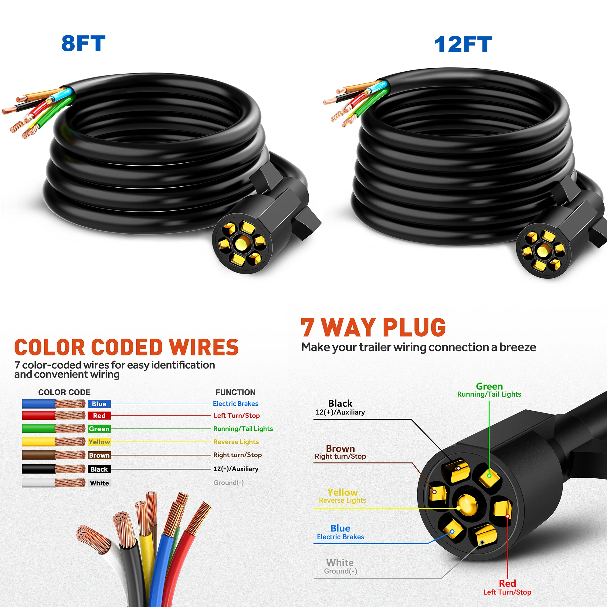 

7-контактный шнур для линейного прицепа, комплект жгутов проводов для тяжелого прицепа с разъемом с двойными зубцами для грузовика, кемпера, автофургона