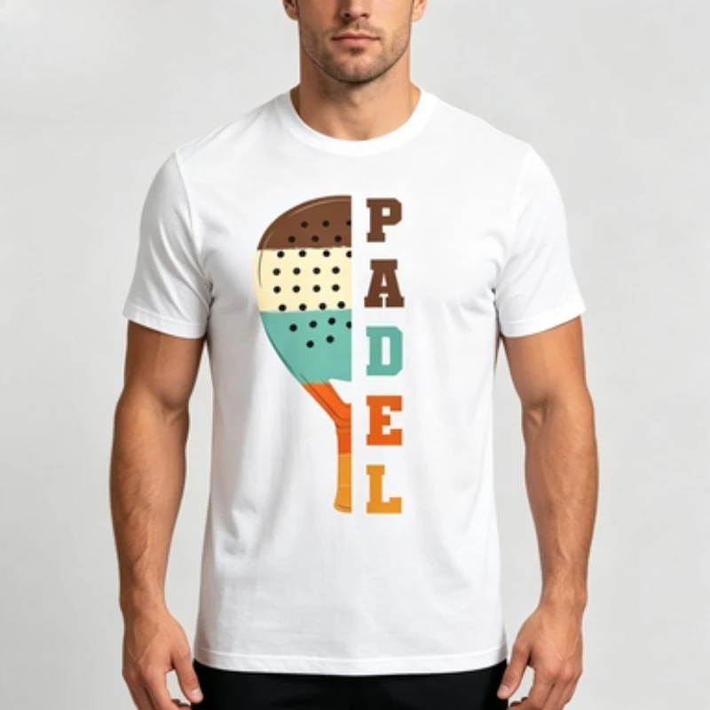 Soft Cotton Men T-Shirt Split Graphic Padel Racket & Vertical Letters Color Block Print  Casual Daily Wear Tops